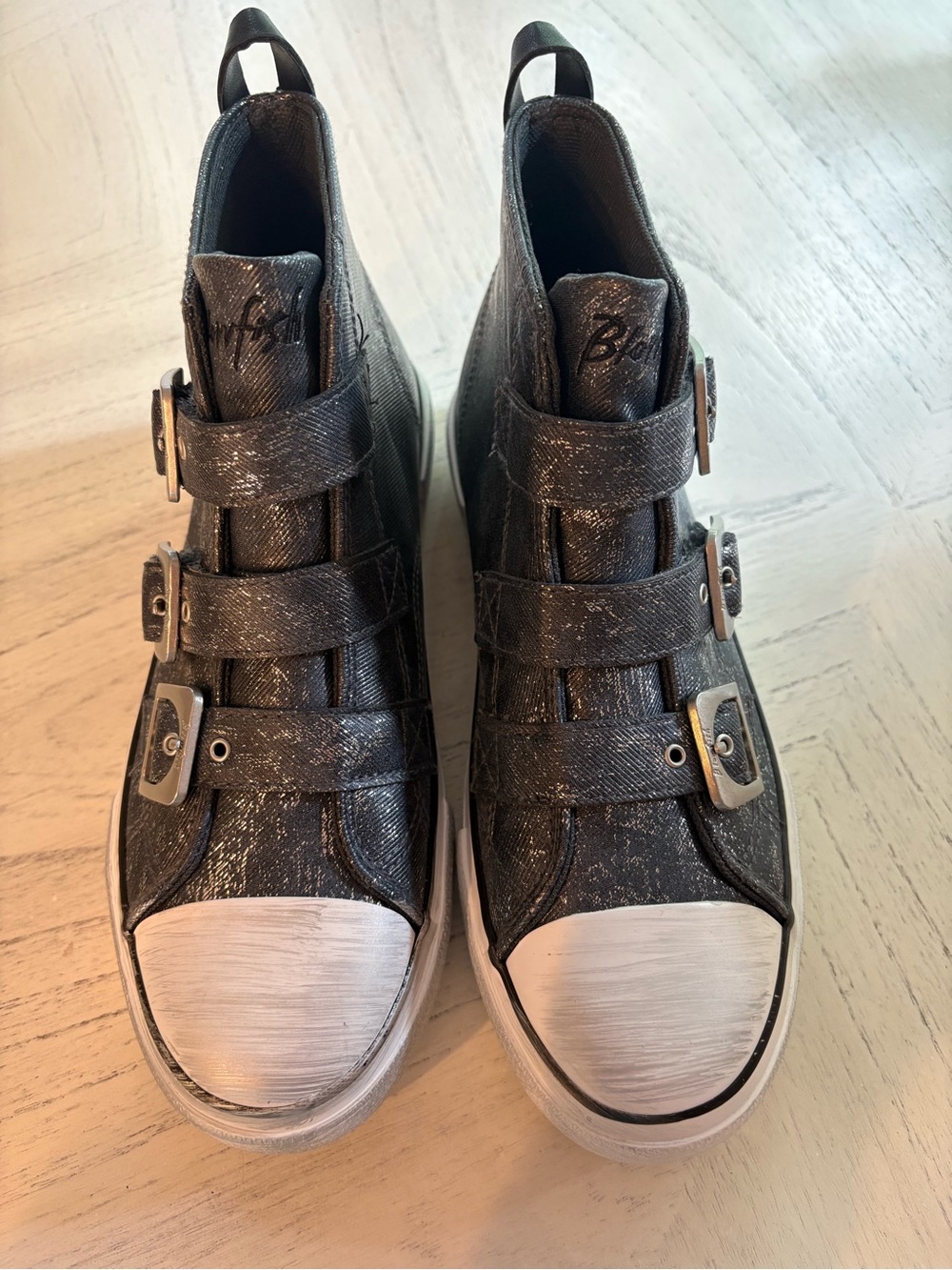 Blowfish Metallic Black High-Top Buckle Sneakers with White Toe - Picture 2 of 10